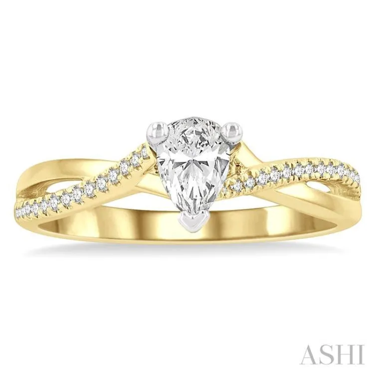 1/2 ctw Split Crossover Shank Round & Pear Cut Diamond Engagement Ring with 1/3 ctw Pear Cut Center Stone in 14K Yellow and White Gold