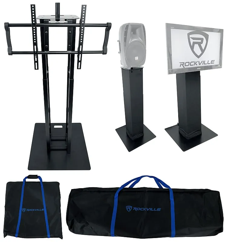 2) Rockville RTP33-TV Black Totem DJ Speaker/Lighting Stands   Detachable TV Mount (2) RTP33-TV Black