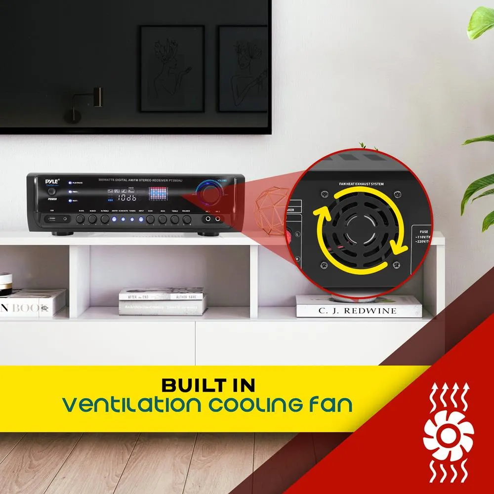 300 Watt Digital Home Theater Stereo Receiver, Aux (3.5Mm) Input, Mp3/Usb/Am/Fm Radio, (2) Mic Inputs