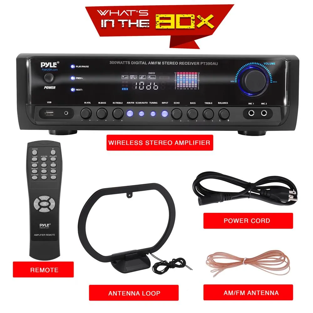 300 Watt Digital Home Theater Stereo Receiver, Aux (3.5Mm) Input, Mp3/Usb/Am/Fm Radio, (2) Mic Inputs