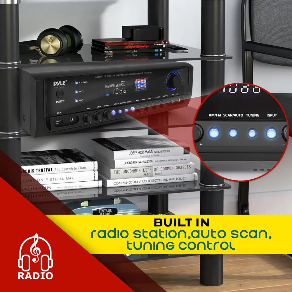 300 Watt Digital Home Theater Stereo Receiver, Aux (3.5Mm) Input, Mp3/Usb/Am/Fm Radio, (2) Mic Inputs