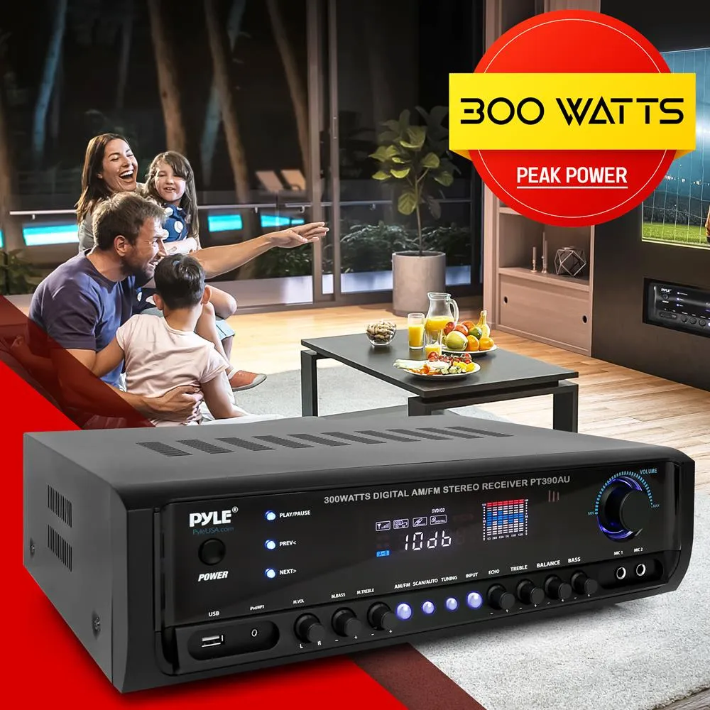 300 Watt Digital Home Theater Stereo Receiver, Aux (3.5Mm) Input, Mp3/Usb/Am/Fm Radio, (2) Mic Inputs