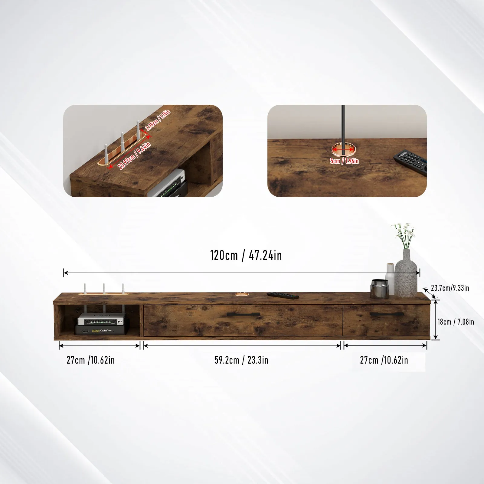 47" Rustica Floating TV Stand, Dark Brown