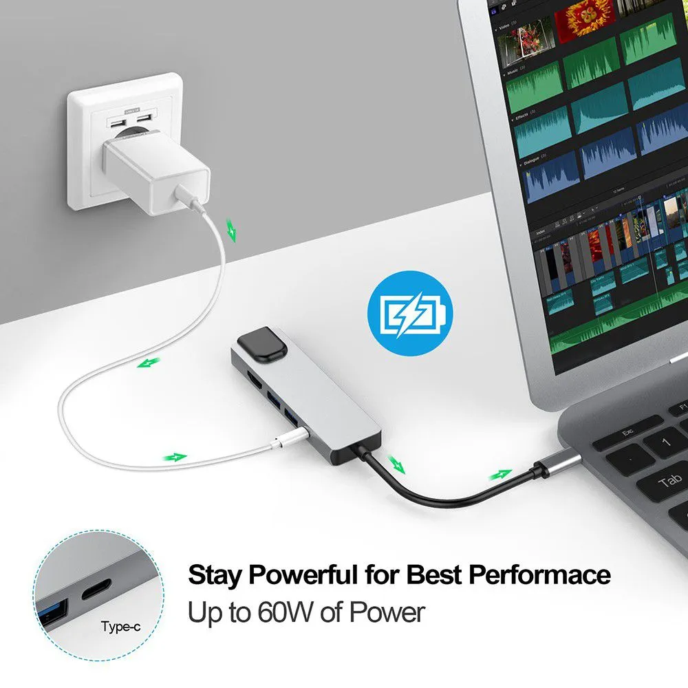 5 in 1 USB C Hub Multiport Adapter with 4K HDMI Output -C-3.1 Grey