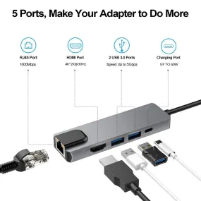 5 in 1 USB C Hub Multiport Adapter with 4K HDMI Output -C-3.1 Grey