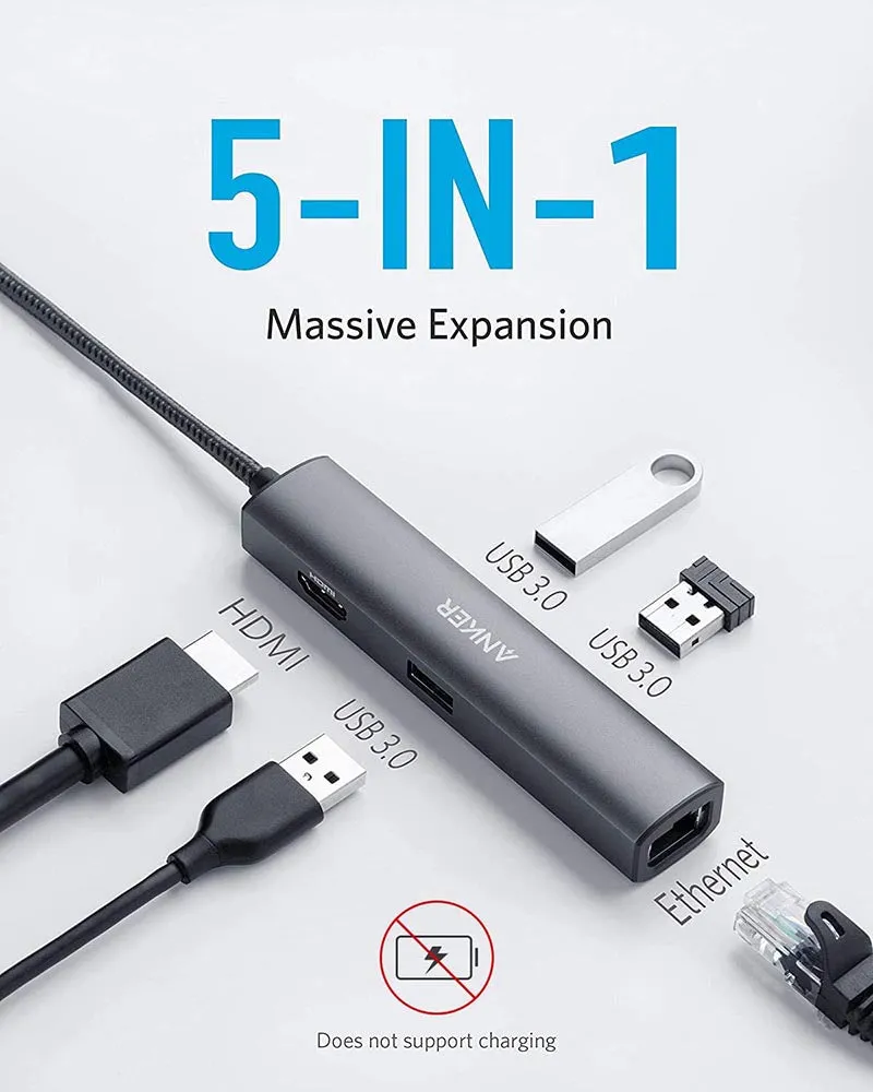 Anker USB C Hub Adapter, 5-in-1 USB C Adapter with 4K USB C to HDMI, Ethernet Port, 3 USB 3.0 Ports