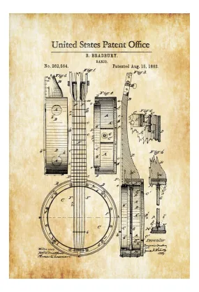 Banjo Patent 1882 - Patent Print, Wall Decor, Music Poster, Music Art, Musical Instrument Patent, Vintage Music, Bluegrass, Folk Music