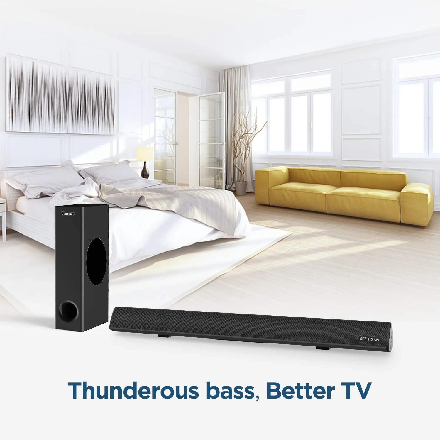 BESTISAN&nbsp;120Watt Sound bar, 2.1 Channel SoundBar Subwoofer, Wireless Bluetooth and Wired Home Theater Speakers for TV (Bluetooth 5.0 Version, 2020 Model) | Open Box