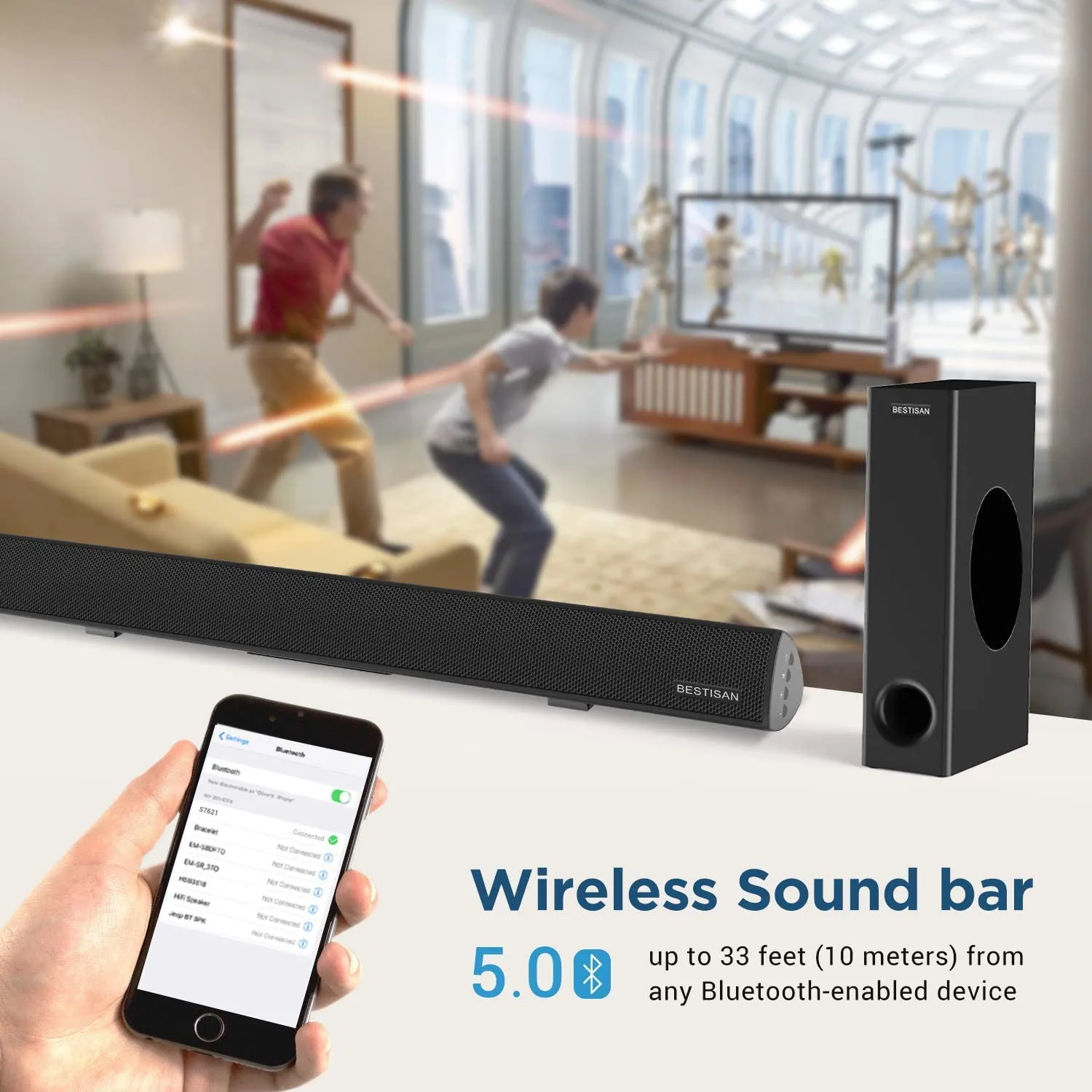 BESTISAN&nbsp;120Watt Sound bar, 2.1 Channel SoundBar Subwoofer, Wireless Bluetooth and Wired Home Theater Speakers for TV (Bluetooth 5.0 Version, 2020 Model) | Open Box
