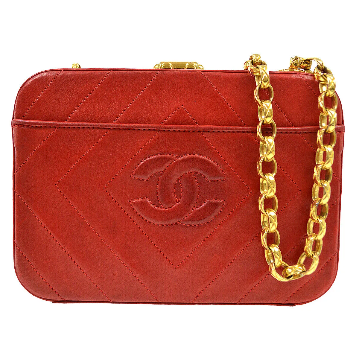 CHANEL 1996-1997 Diamond Box Vanity Shoulder Bag Red Lambskin 42441