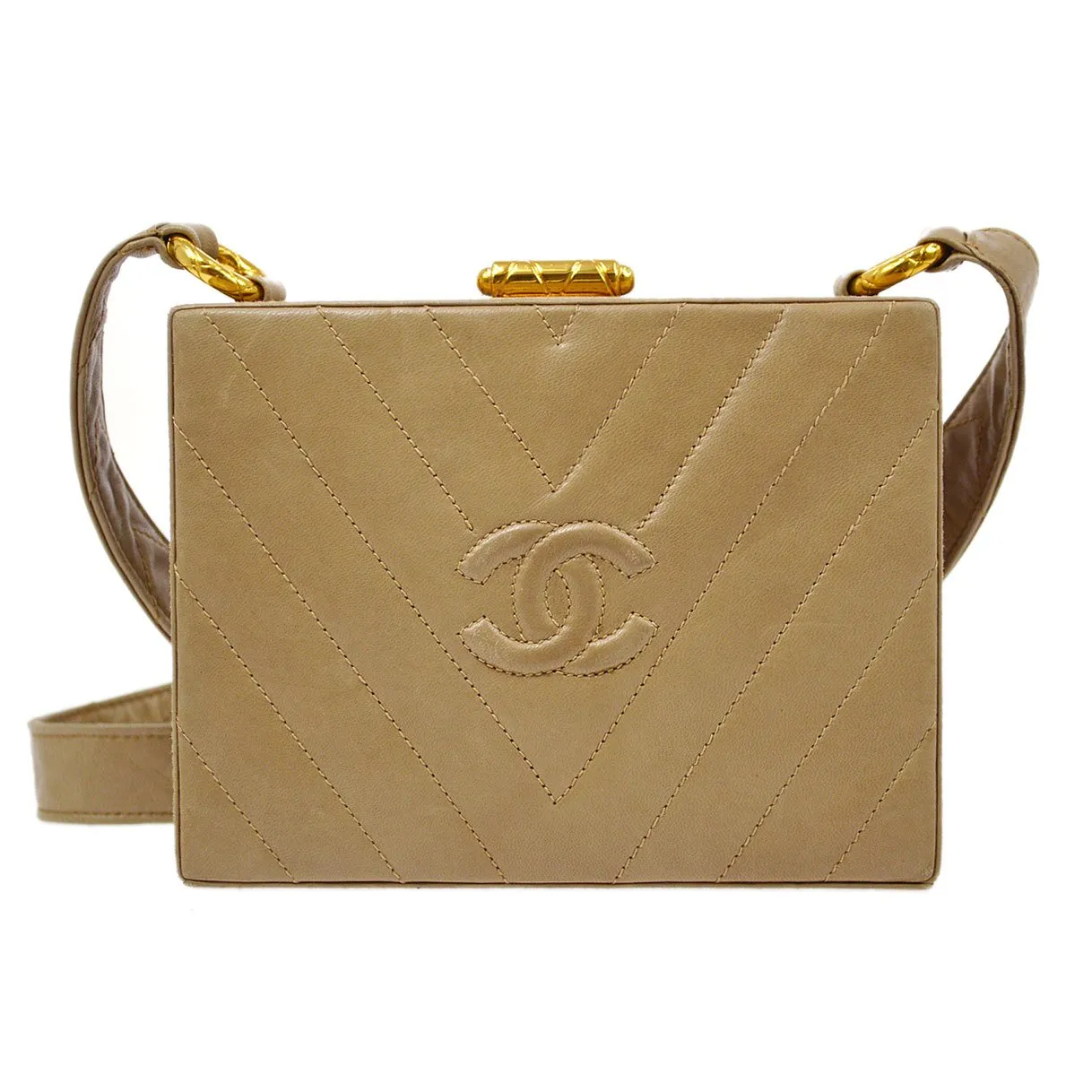 CHANEL 1997-1999 Chevron Box Bag Beige Lambskin 91386