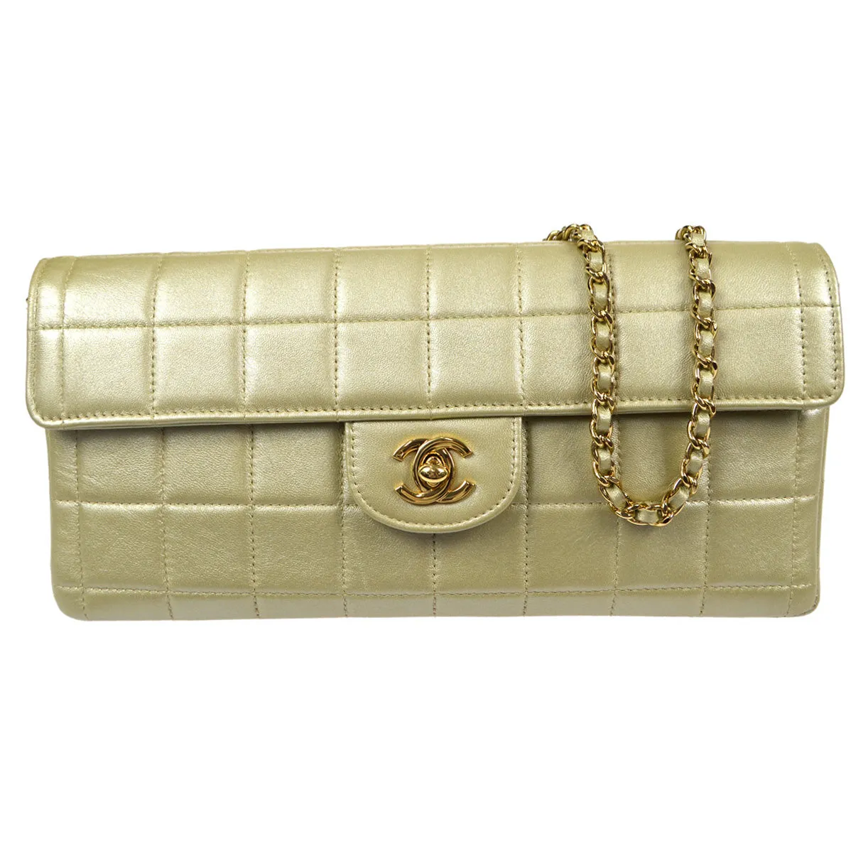 CHANEL 2001-2003 East West Choco Bar Lambskin Gold 97810
