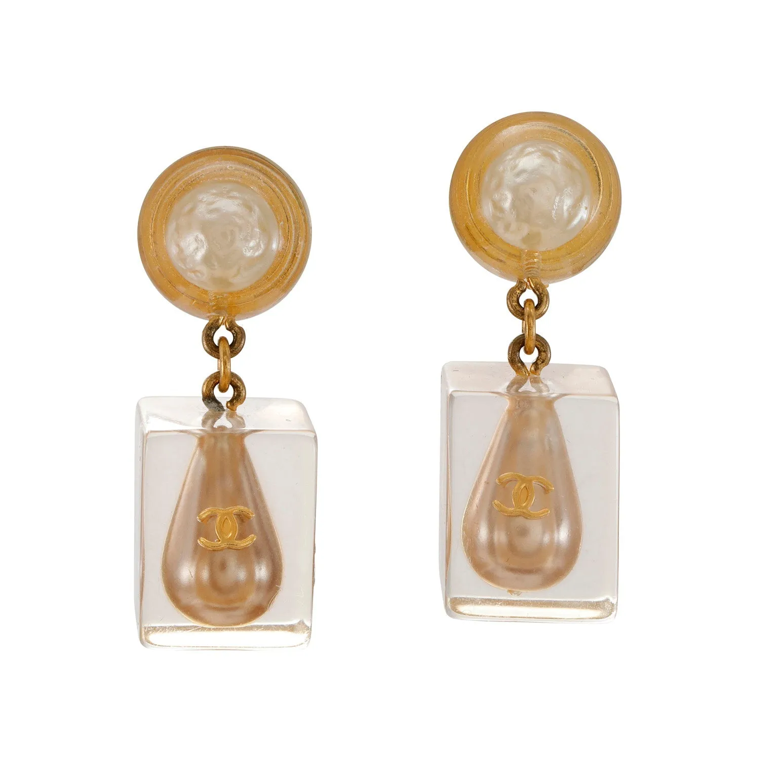 Chanel Clear Resin w/ Large Pearl Drop CC Earrings