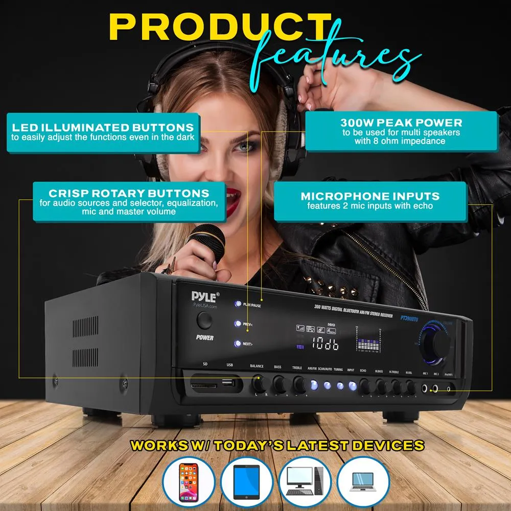 Digital Home Theater Bluetooth Stereo Receiver, Aux (3.5Mm) Input, Mp3/Usb/Sd/Am/Fm Radio, (2) Mic Inputs (300 Watt)