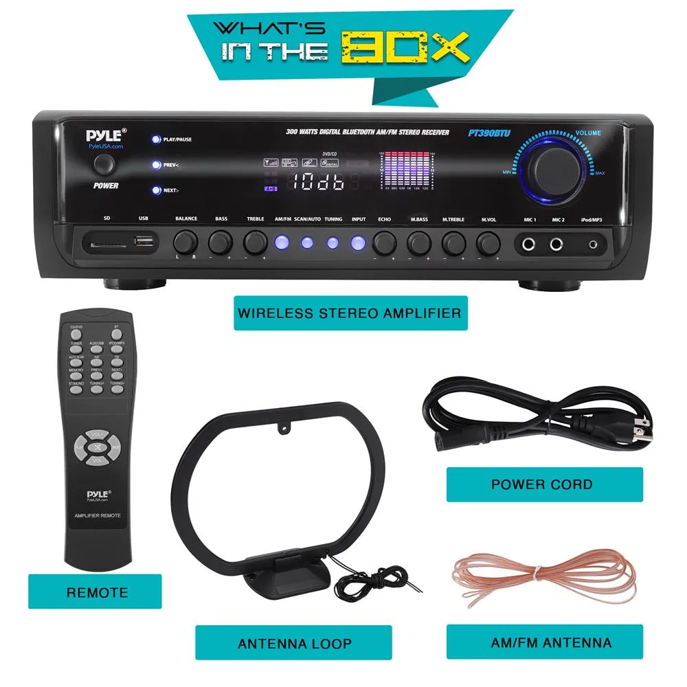 Digital Home Theater Bluetooth Stereo Receiver, Aux (3.5Mm) Input, Mp3/Usb/Sd/Am/Fm Radio, (2) Mic Inputs (300 Watt)