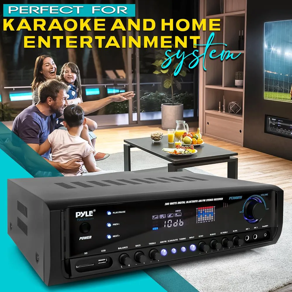 Digital Home Theater Bluetooth Stereo Receiver, Aux (3.5Mm) Input, Mp3/Usb/Sd/Am/Fm Radio, (2) Mic Inputs (300 Watt)