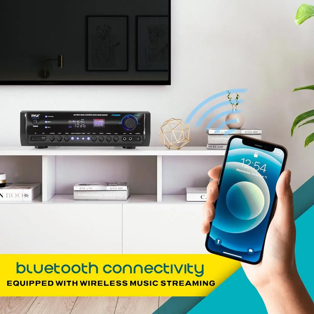 Digital Home Theater Bluetooth Stereo Receiver, Aux (3.5Mm) Input, Mp3/Usb/Sd/Am/Fm Radio, (2) Mic Inputs (300 Watt)