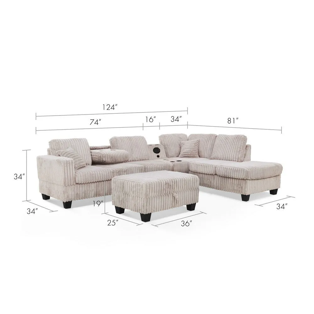 Ega 81 Inch Sectional Sofa, Chaise, Ottoman, Bluetooth Speakers, Beige By Casagear Home