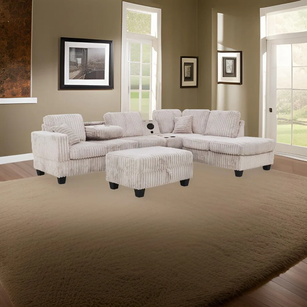 Ega 81 Inch Sectional Sofa, Chaise, Ottoman, Bluetooth Speakers, Beige By Casagear Home
