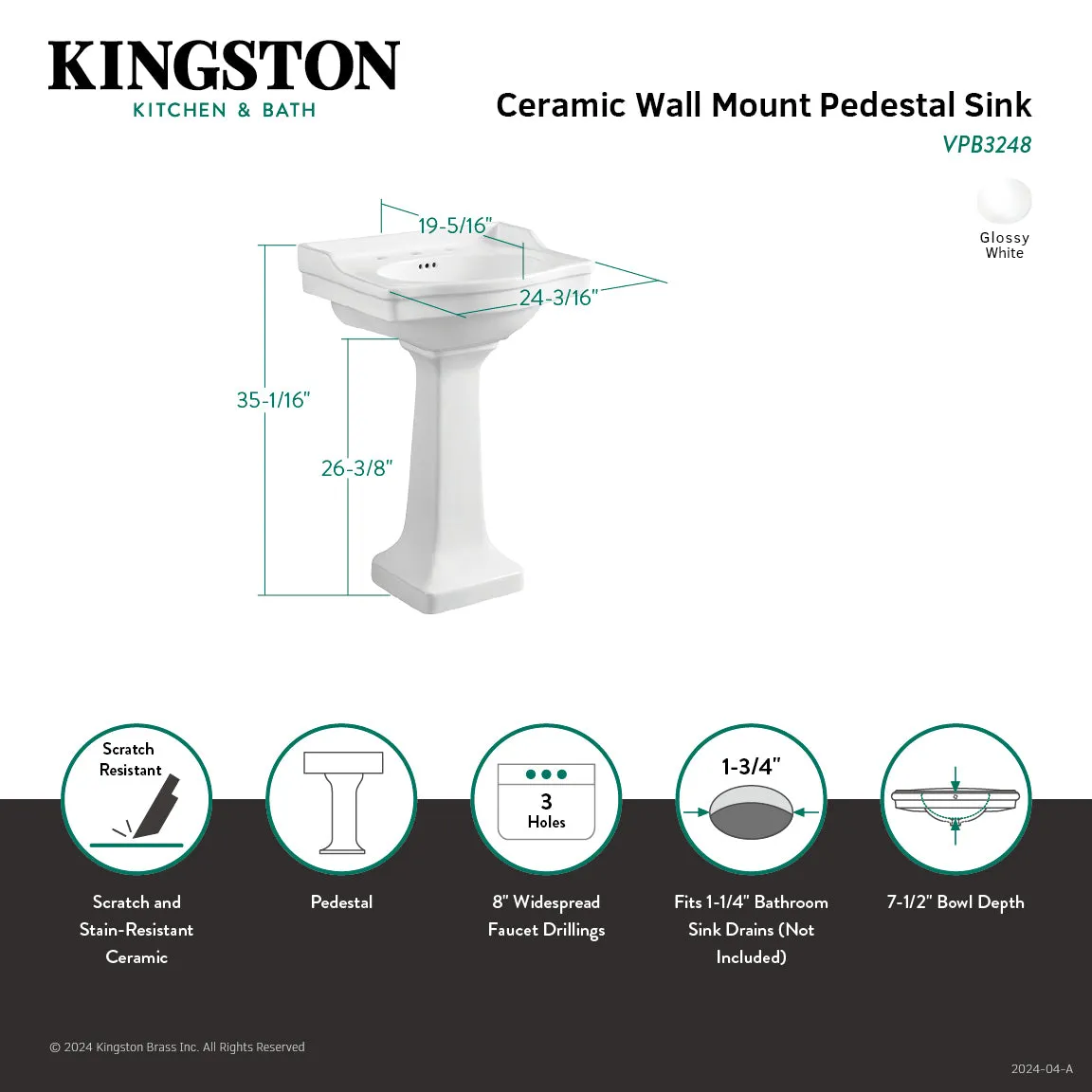 Imperial VPB3248 24-3/16 Inch Wall Mount Pedestal Sink (8-Inch, 3-Hole), White
