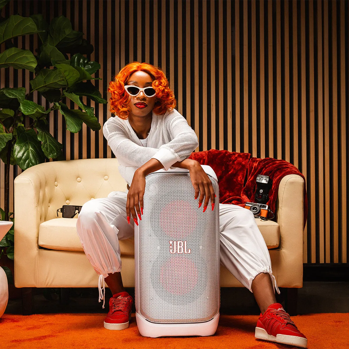 JBL PartyBox Club 120 Portable Party Speaker with gSport Cargo Sleeve (White)