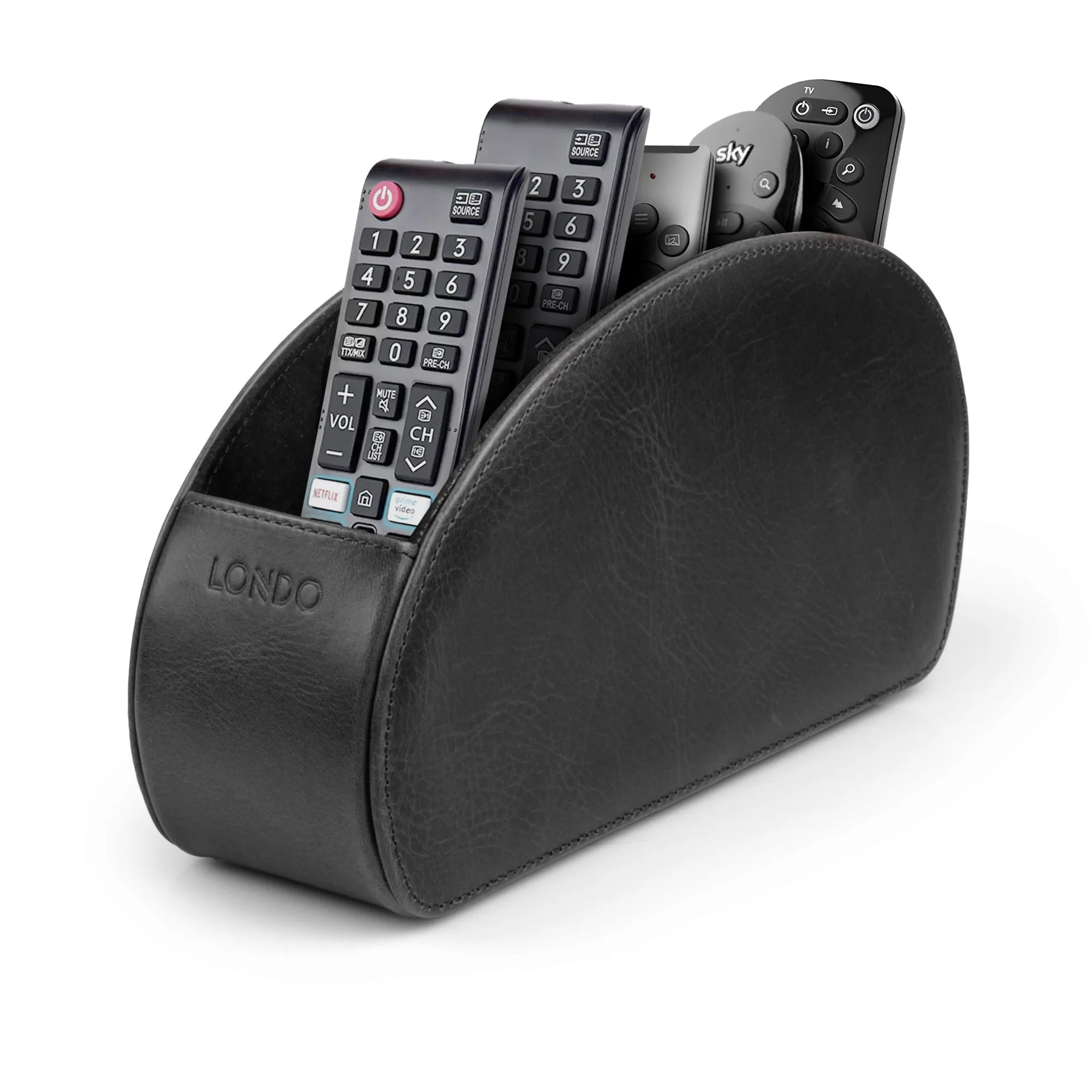 Londo Remote Control Holder with 5 Pockets, Store DVD, Blu-Ray, TV, Roku or Apple TV Remotes, Italian Top Grain Leather with Suede Lining