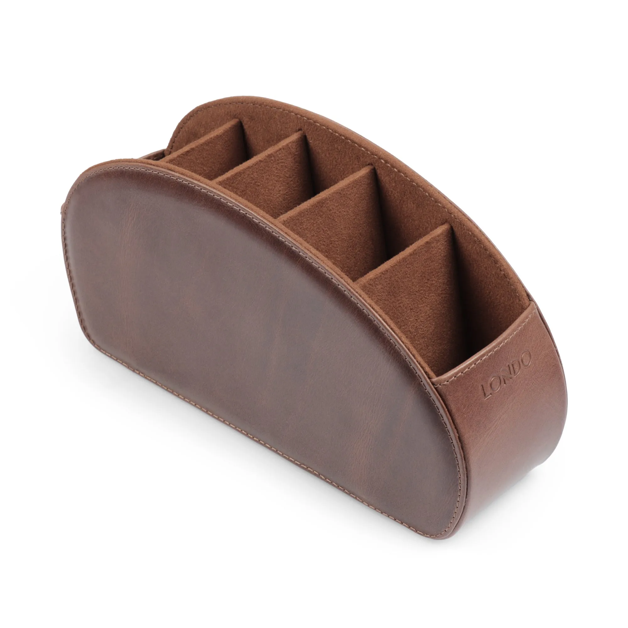 Londo Remote Control Holder with 5 Pockets, Store DVD, Blu-Ray, TV, Roku or Apple TV Remotes, Italian Top Grain Leather with Suede Lining