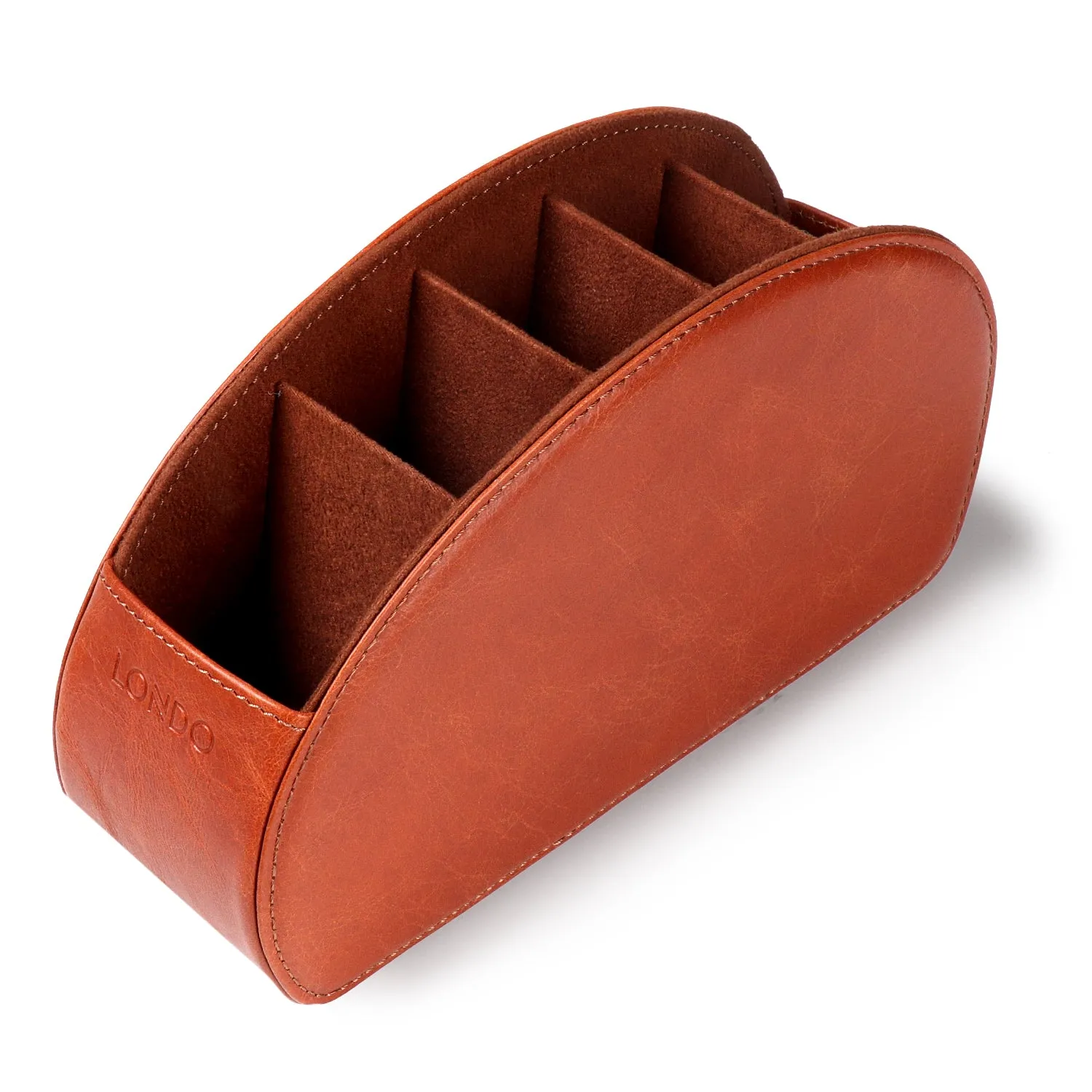 Londo Remote Control Holder with 5 Pockets, Store DVD, Blu-Ray, TV, Roku or Apple TV Remotes, Italian Top Grain Leather with Suede Lining