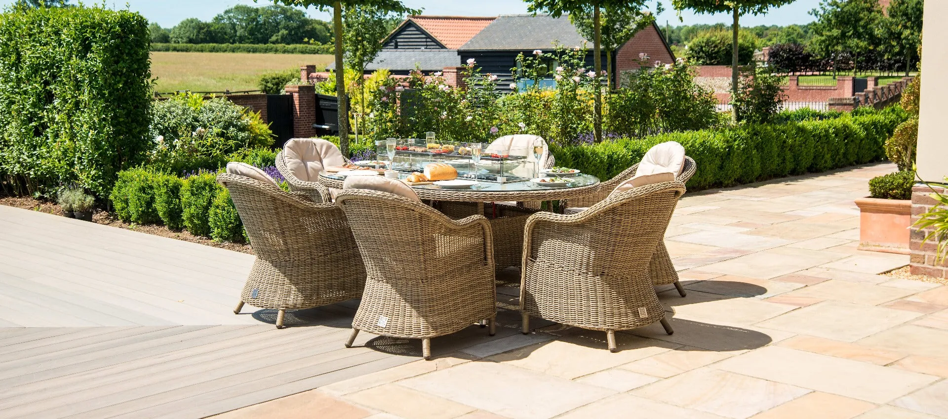 Maze Winchester 6 Seat Oval Fire Pit Dining Set With Heritage Chairs