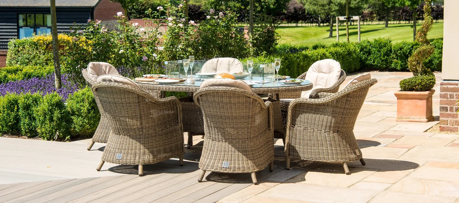 Maze Winchester 6 Seat Oval Fire Pit Dining Set With Heritage Chairs