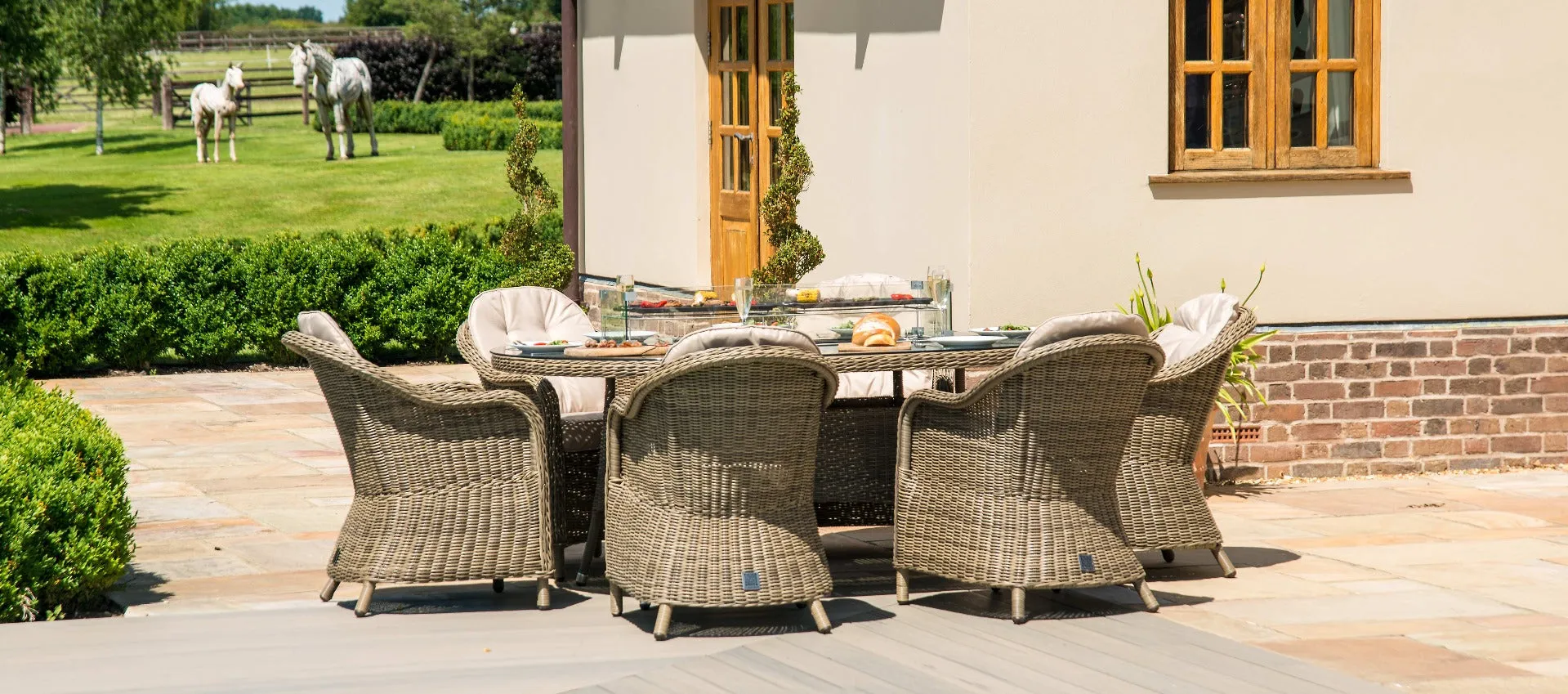 Maze Winchester 6 Seat Oval Fire Pit Dining Set With Heritage Chairs