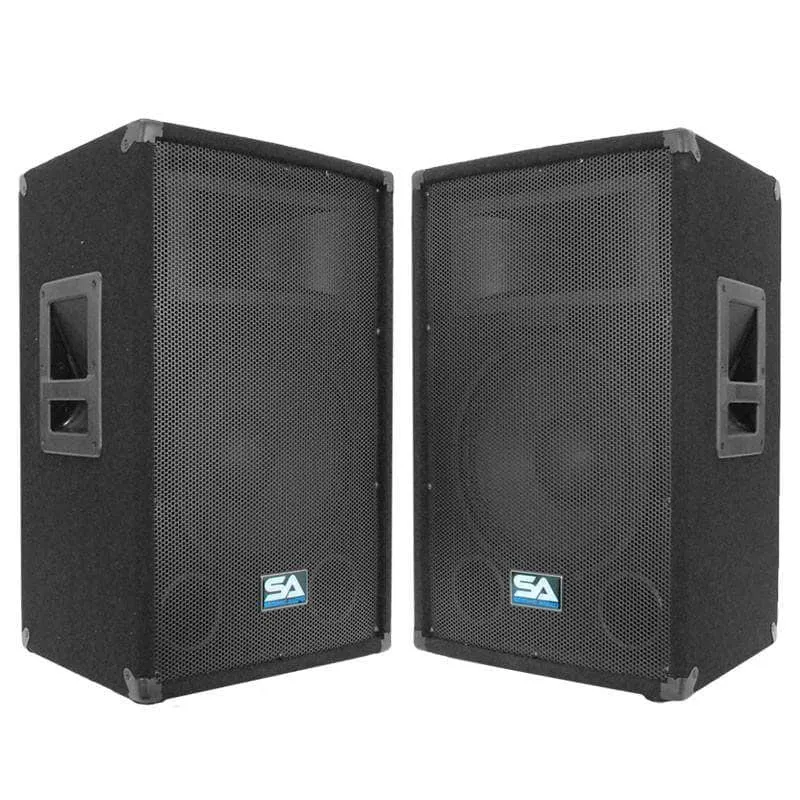 Pair of 12" PA Speakers with two Tripod Speaker Stands