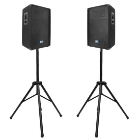 Pair of 12" PA Speakers with two Tripod Speaker Stands