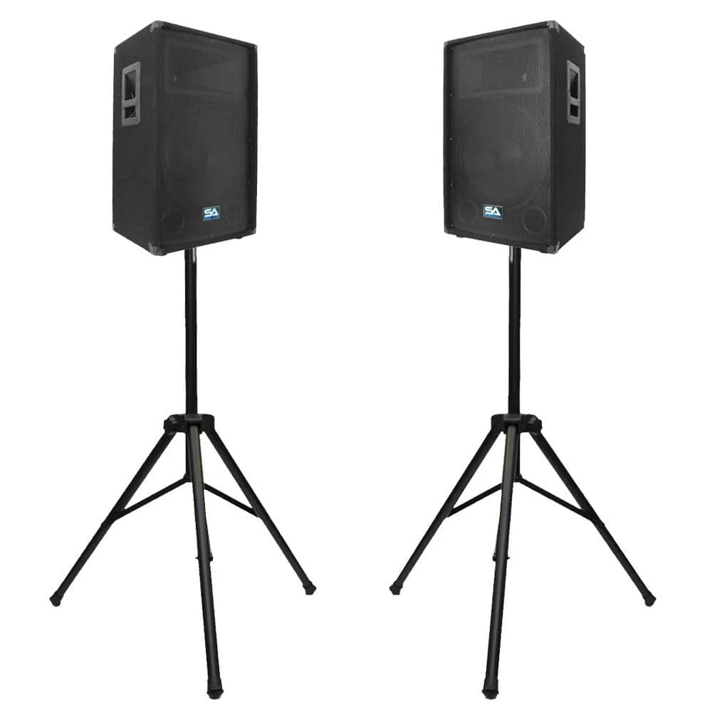 Pair of 12" PA Speakers with two Tripod Speaker Stands