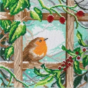 "Robin at the Fence" Crystal Art 30x30cm Canvas