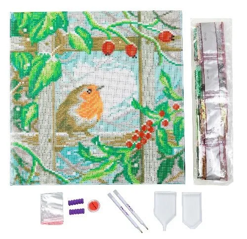 "Robin at the Fence" Crystal Art 30x30cm Canvas