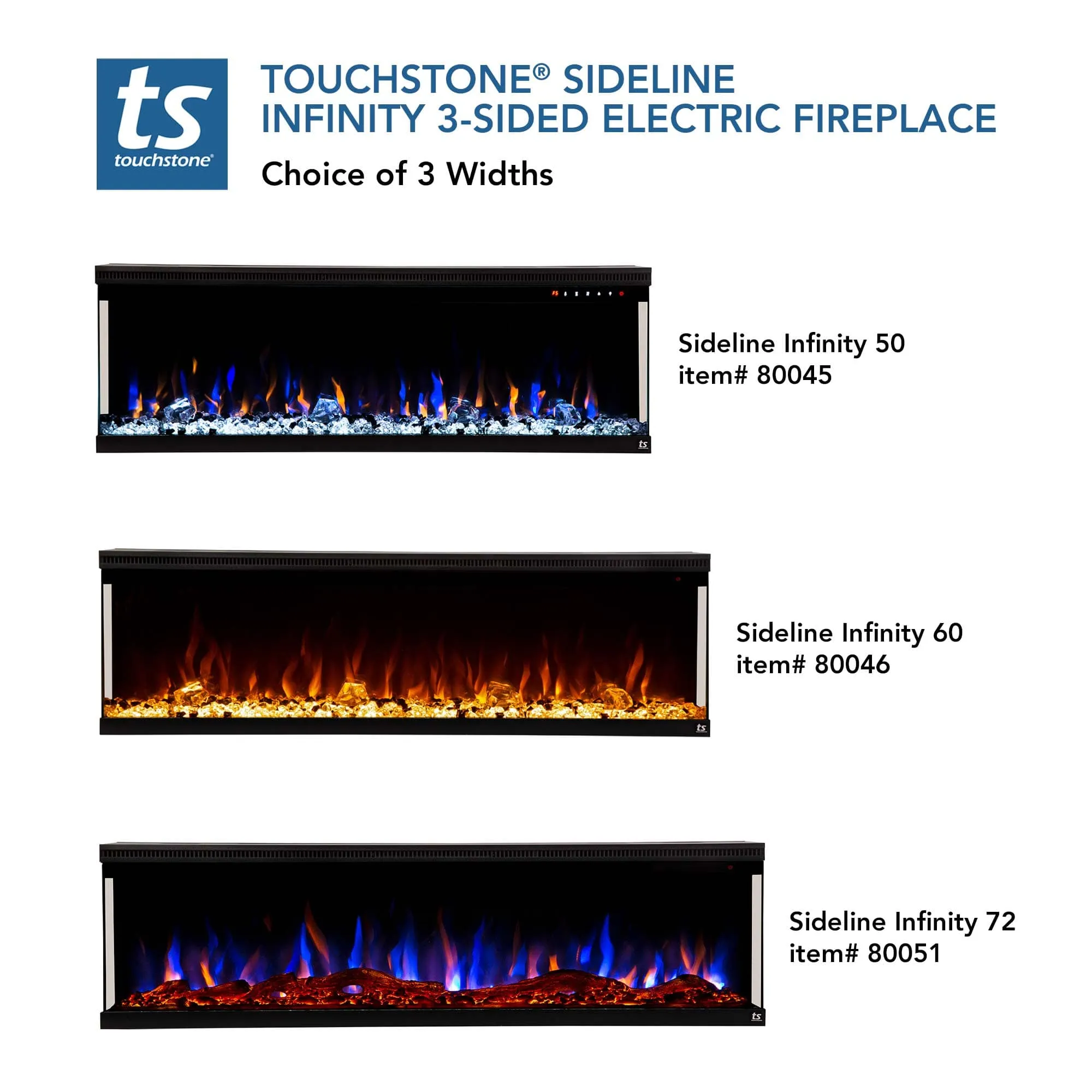 Sideline Infinity 50 Inch 3 Sided Recessed Smart Electric Fireplace 80045