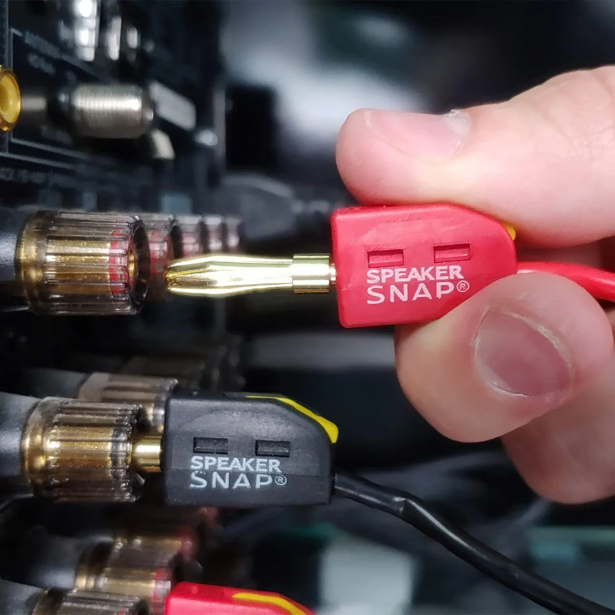 Speaker Snap 2 Count of Fast & Secure Banana Plugs, Gold Plated, 12-24 AWG, for Home Theaters, Speaker Wire, Wall Plates, and Receivers