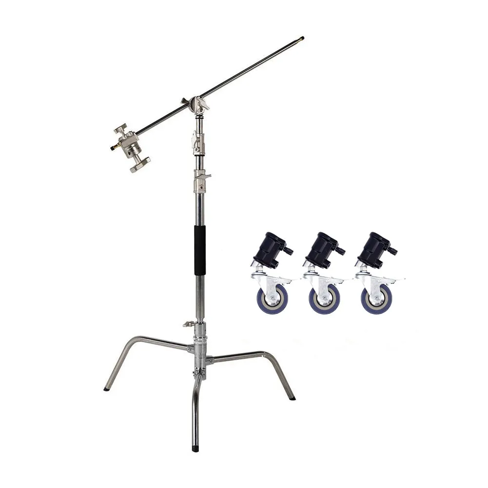 Spectrum Silver Heavy Duty Photographic C-Stand With Boom Arm With Castor Wheels Set - Bundle