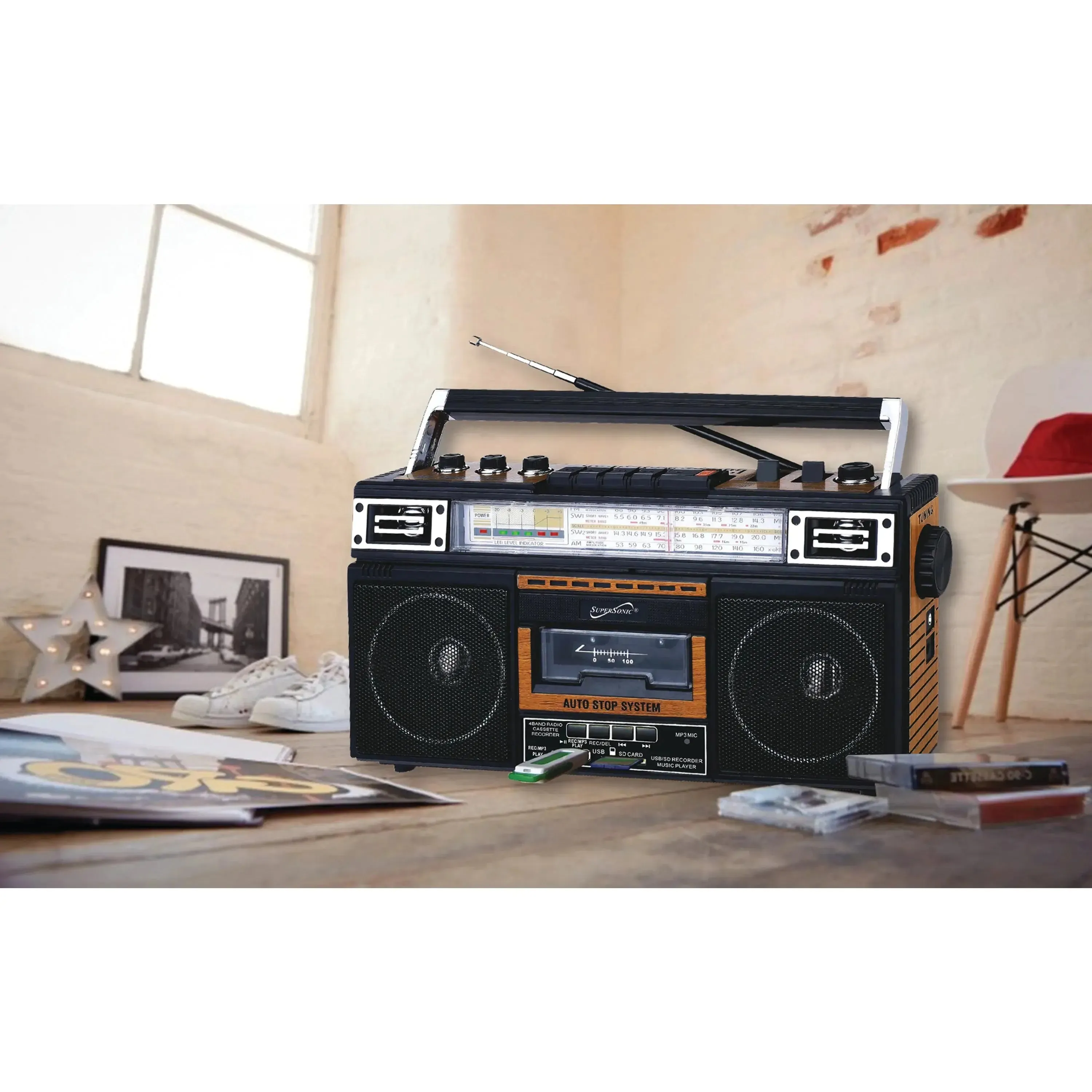 SuperSonic SC-3201BT 4 Band Radio & Bluetooth Speaker with Cassette to MP3 Converter