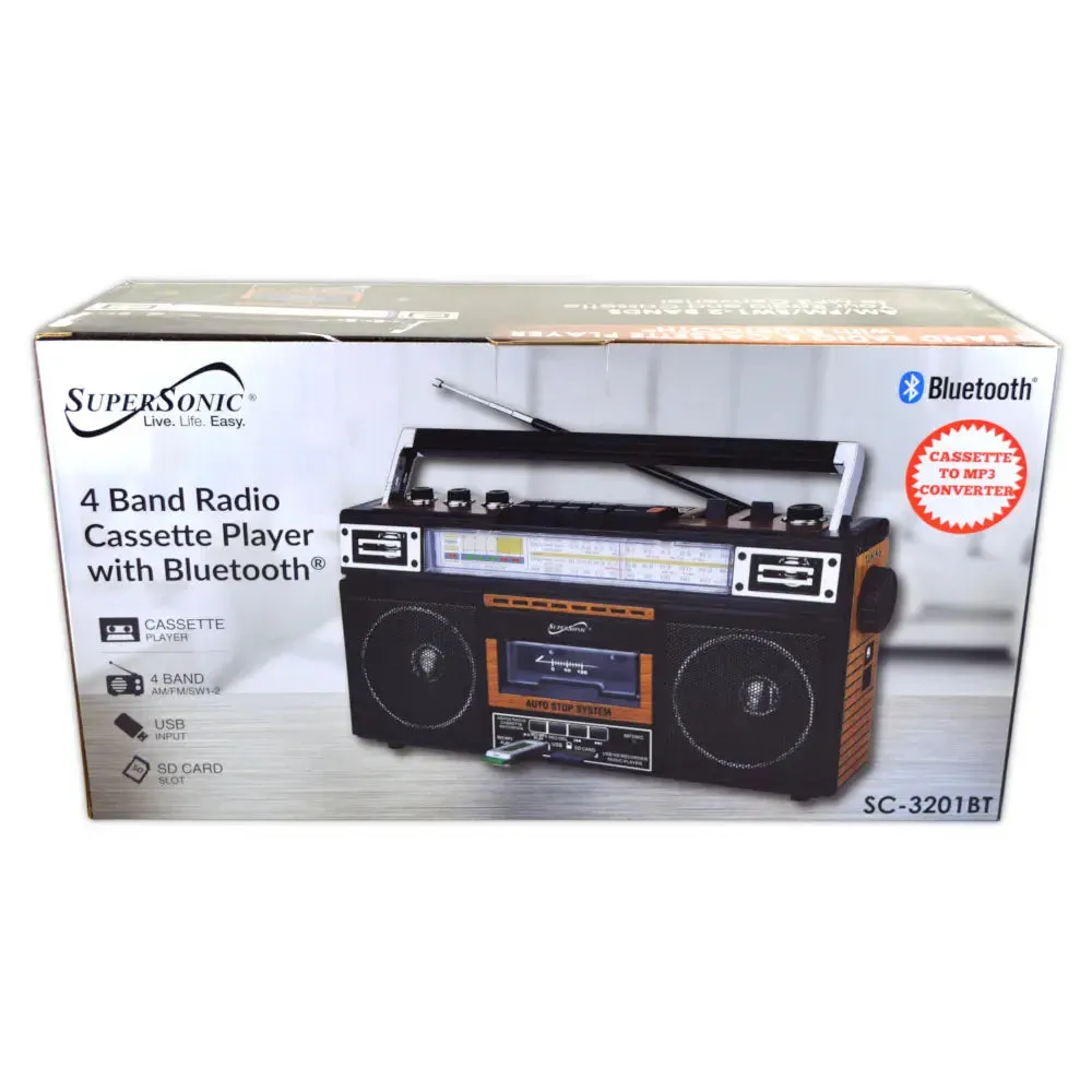 SuperSonic SC-3201BT 4 Band Radio & Bluetooth Speaker with Cassette to MP3 Converter