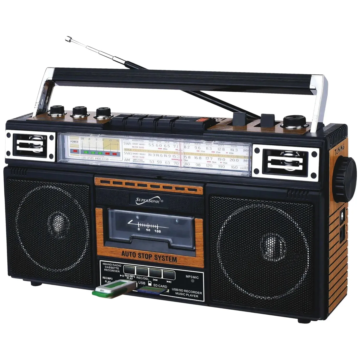 SuperSonic SC-3201BT 4 Band Radio & Bluetooth Speaker with Cassette to MP3 Converter
