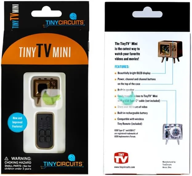 TinyTV® Mini - Ultra Minature, Classic TV Color or Clear Plastic, USB-C Streaming, Preloaded Videos (Brown)
