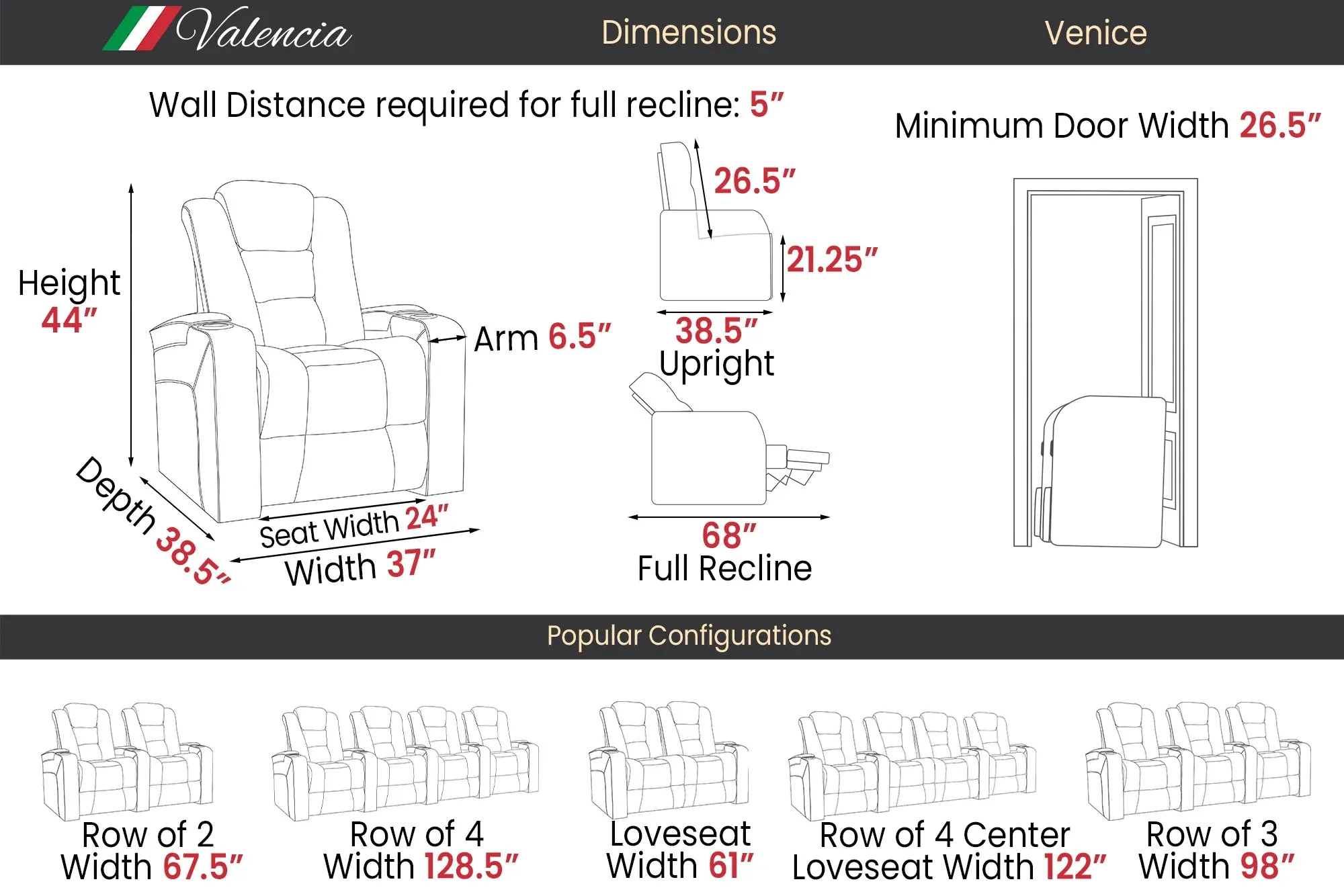 Valencia Venice Leather Home Theater Seating Row of 3, Black