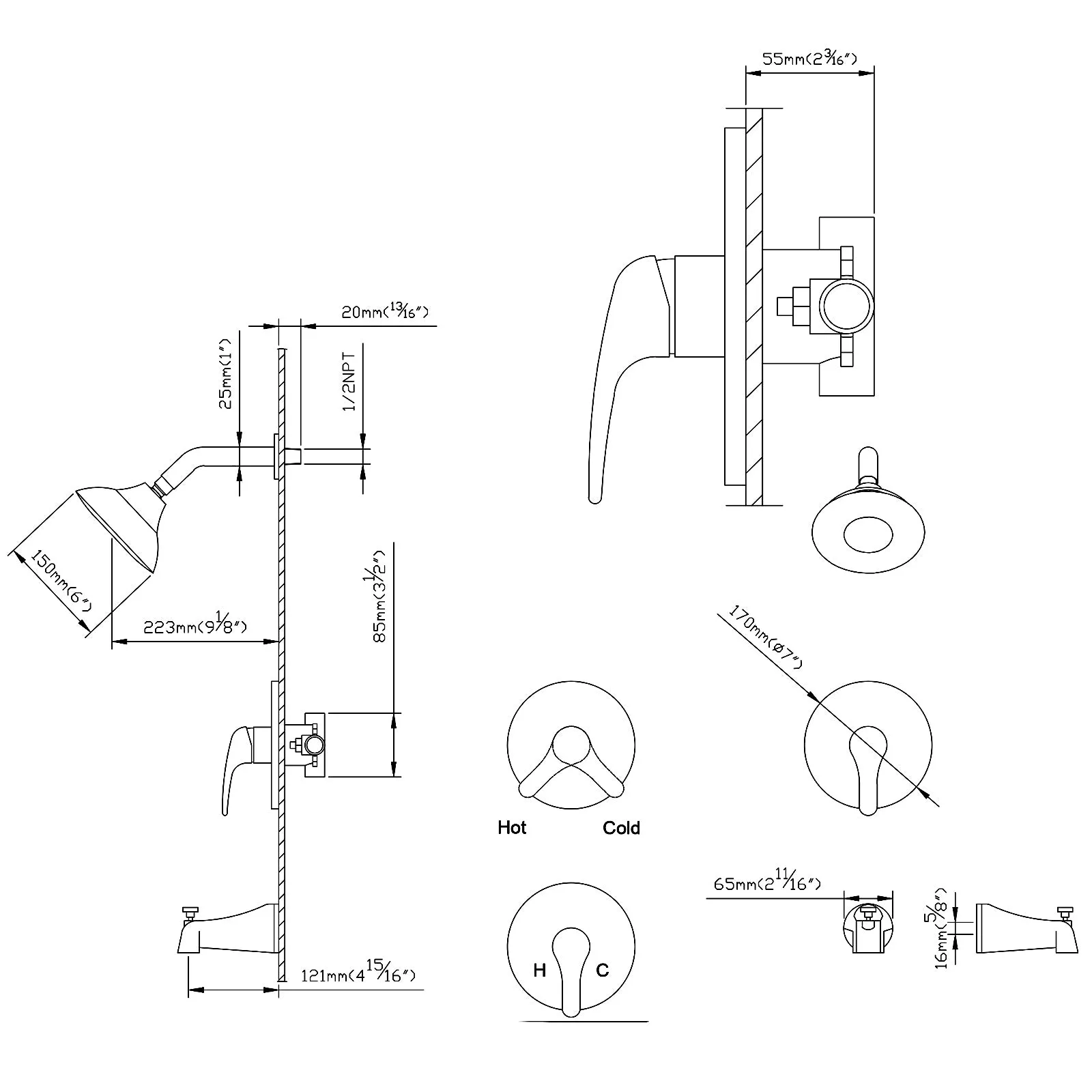 Wall Mount Shower Fixtures with Rough-In Valve and Tub Spout RB1011