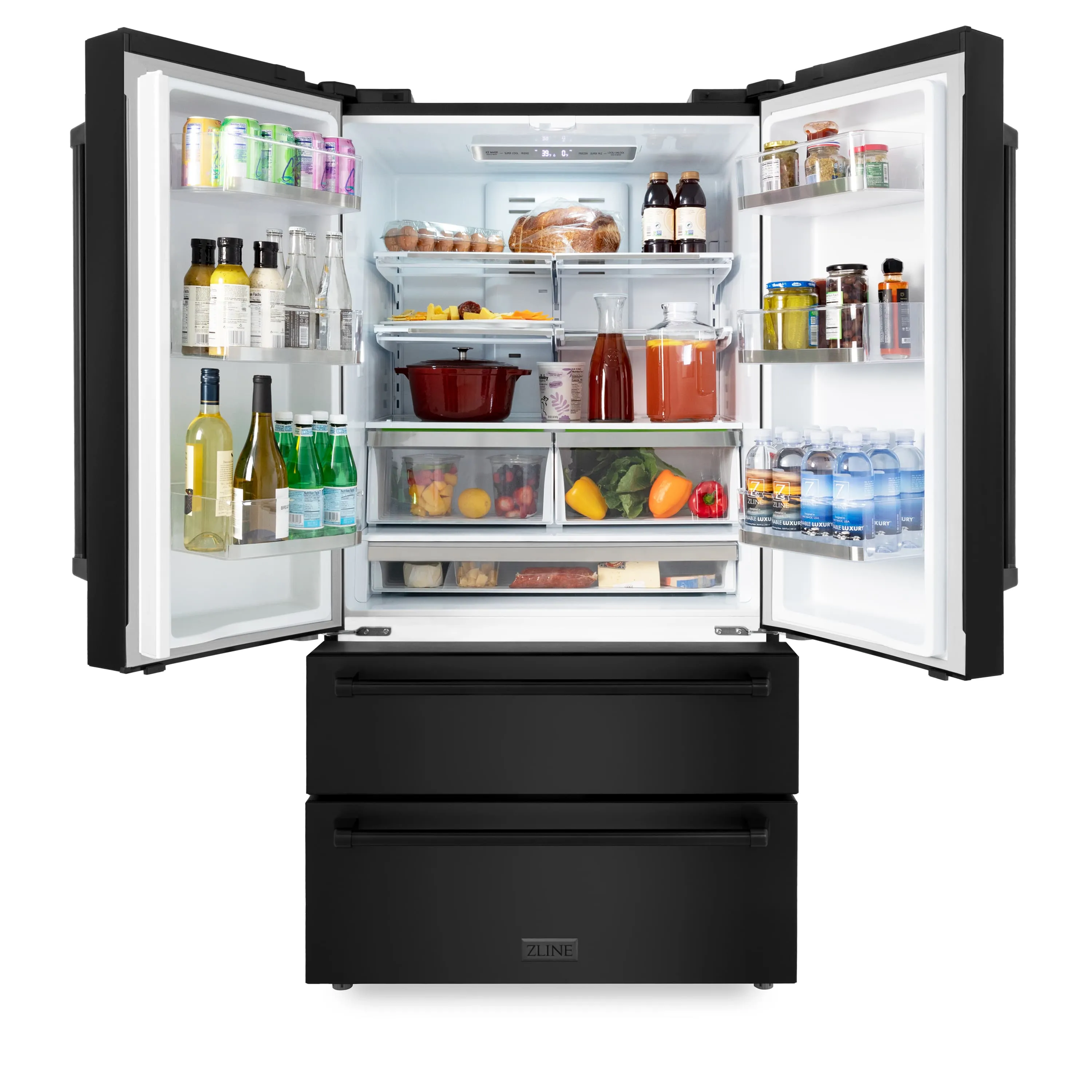 ZLINE 4-Piece Appliance Package - 30-Inch Rangetop with Brass Burners, Refrigerator, 30-Inch Electric Wall Oven, and Convertible Wall Mount Hood in Black Stainless Steel (4KPR-RTBRH30-AWS)
