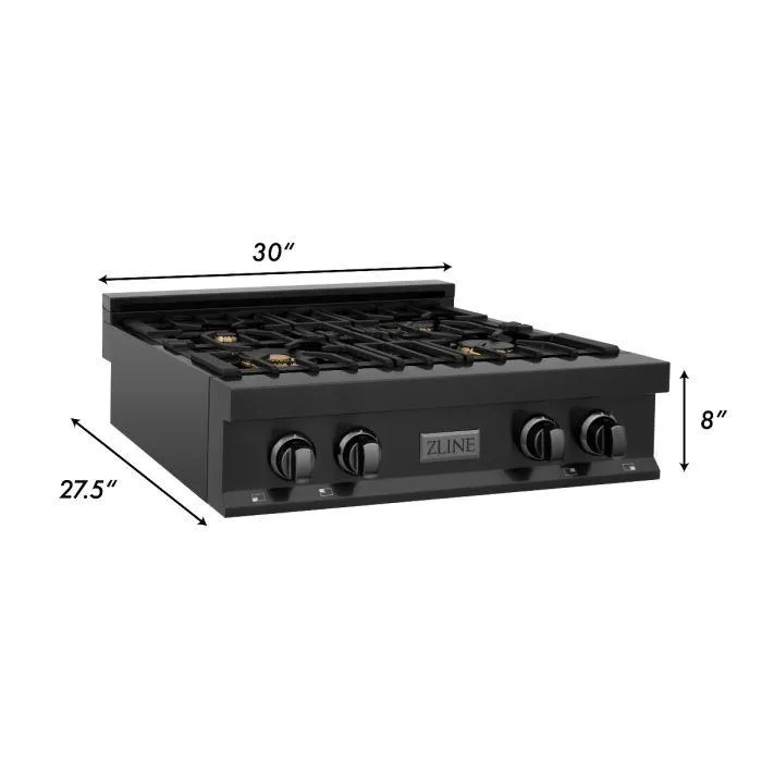 ZLINE 4-Piece Appliance Package - 30-Inch Rangetop with Brass Burners, Refrigerator, 30-Inch Electric Wall Oven, and Convertible Wall Mount Hood in Black Stainless Steel (4KPR-RTBRH30-AWS)