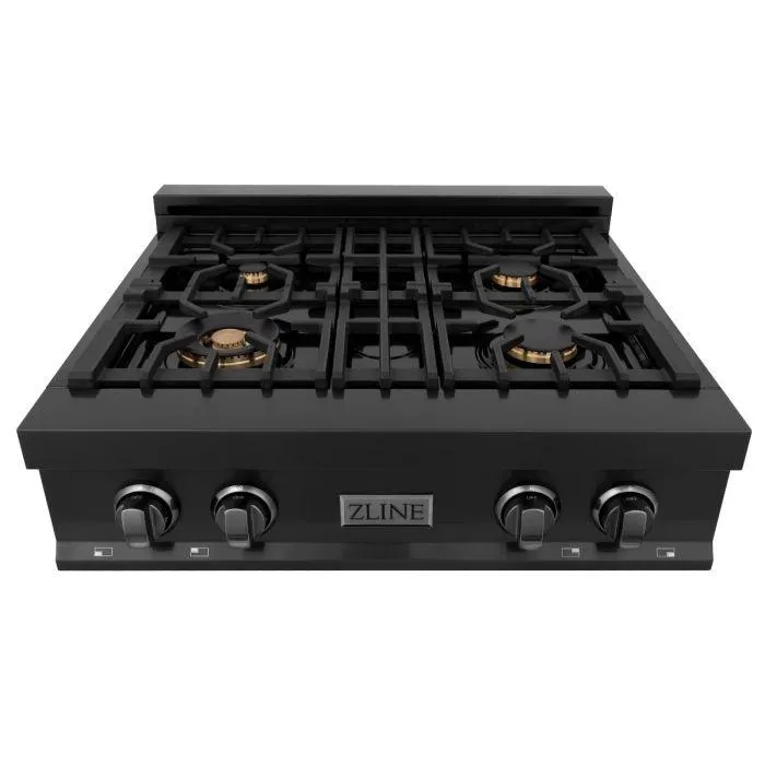 ZLINE 4-Piece Appliance Package - 30-Inch Rangetop with Brass Burners, Refrigerator, 30-Inch Electric Wall Oven, and Convertible Wall Mount Hood in Black Stainless Steel (4KPR-RTBRH30-AWS)