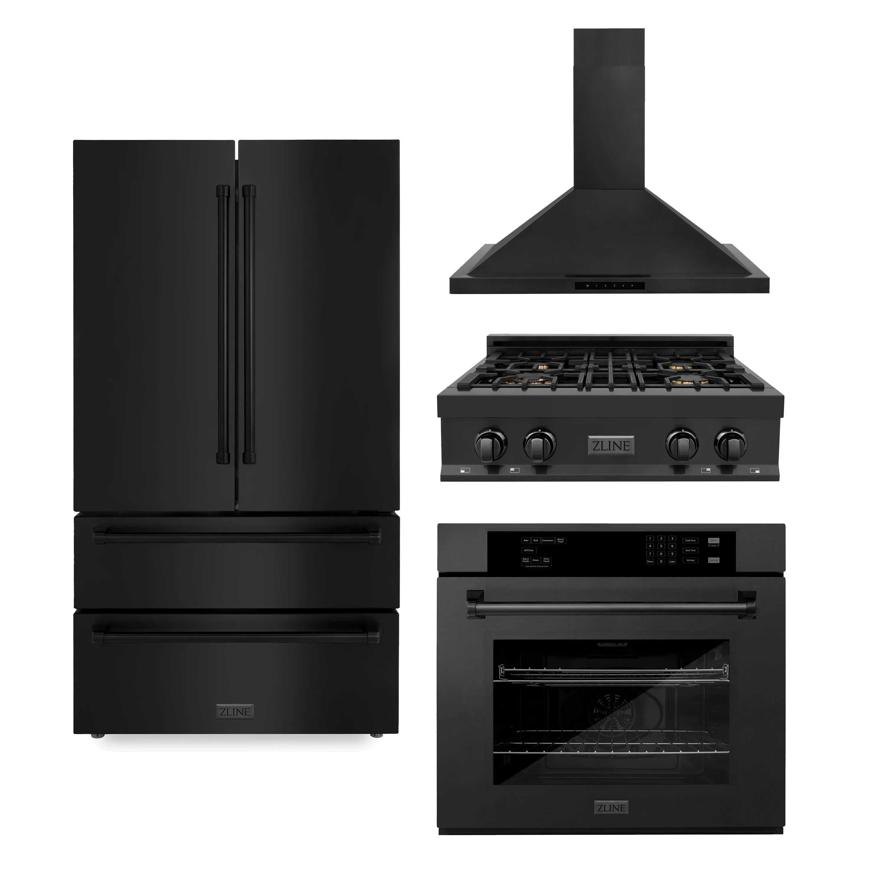 ZLINE 4-Piece Appliance Package - 30-Inch Rangetop with Brass Burners, Refrigerator, 30-Inch Electric Wall Oven, and Convertible Wall Mount Hood in Black Stainless Steel (4KPR-RTBRH30-AWS)