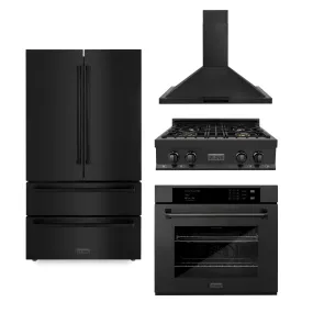 ZLINE 4-Piece Appliance Package - 30-Inch Rangetop with Brass Burners, Refrigerator, 30-Inch Electric Wall Oven, and Convertible Wall Mount Hood in Black Stainless Steel (4KPR-RTBRH30-AWS)